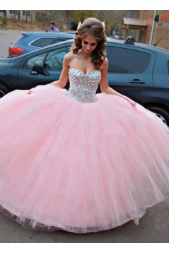 Beaded Sweetheart Long Pink Tulle Ball Gown Prom Formal Evening Party Dresses 3021197