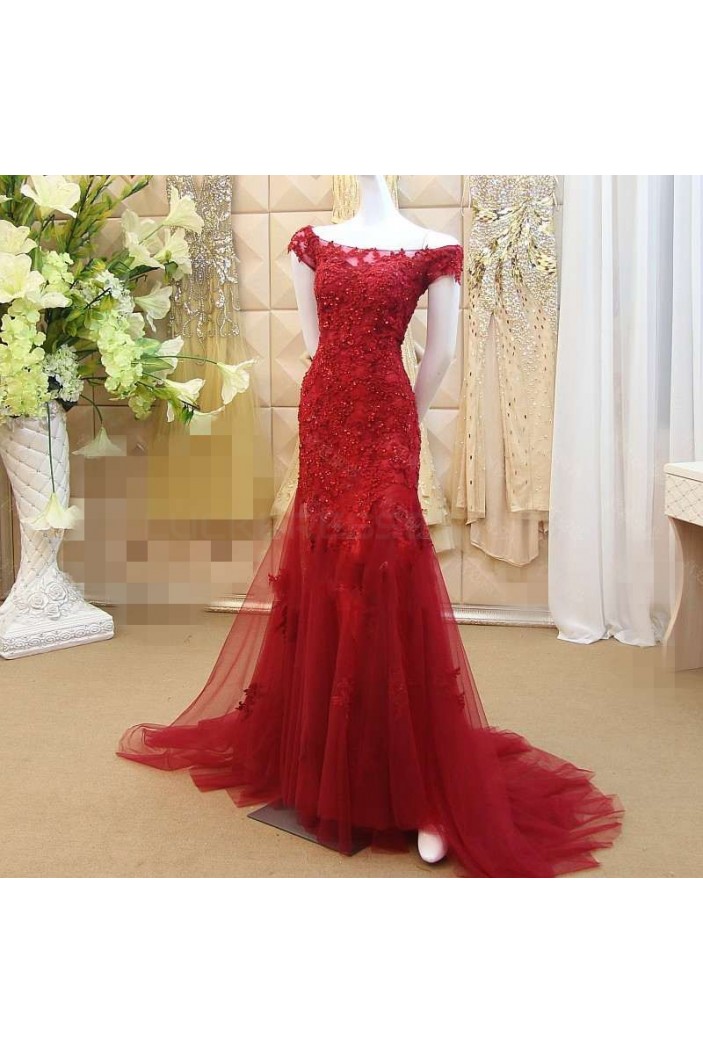 Long Red Beaded Lace Appliques Prom Formal Evening Party Dresses 3021206