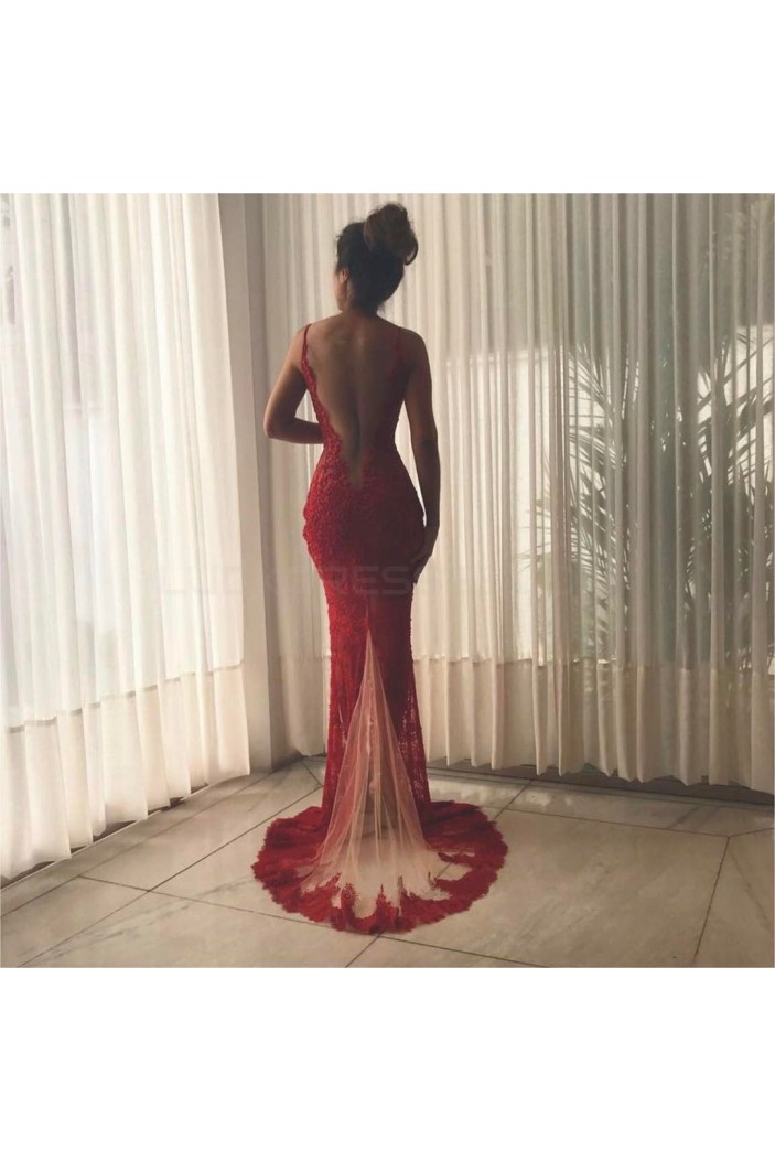 Sexy Deep V-Back Mermaid Lace Long Red Prom Formal Evening Party Dresses 3021240