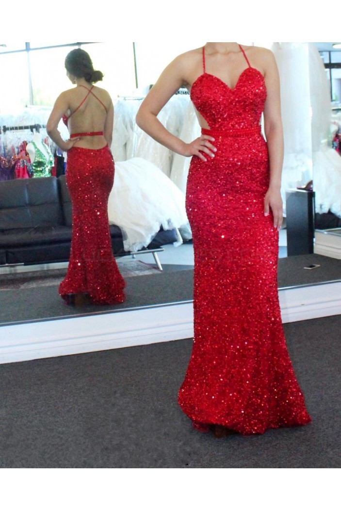Mermaid Sequins Criss Cross Back Long Red Prom Formal Evening Party Dresses 3021279