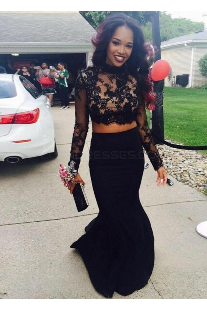 Black Two Pieces Long Sleeves Lace Top Long Prom Evening Formal Dresses 3020137