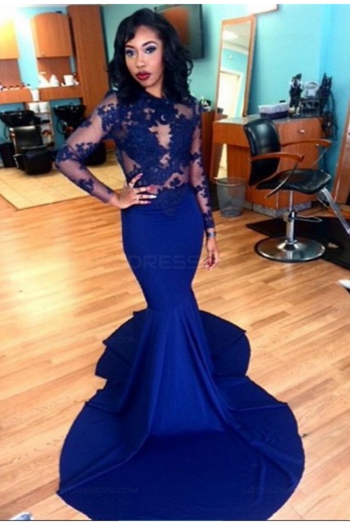 Royal Blue Long Sleeves Mermaid Evening Gowns Sexy Court Train Lace Party Dresses 3020139