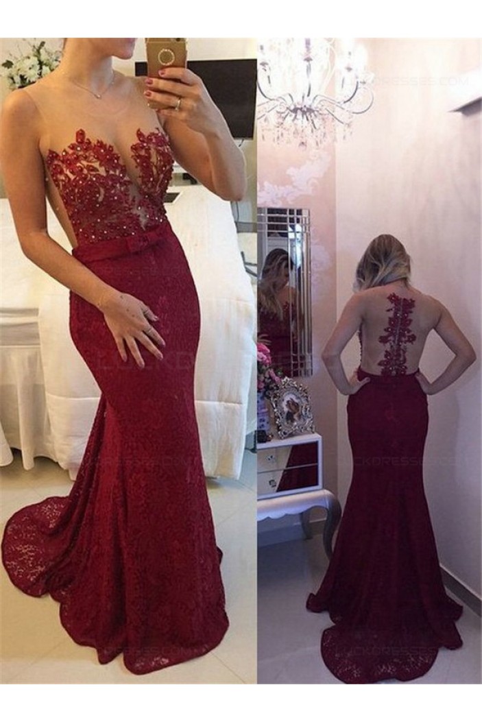 Sexy Mermaid Red Lace Long See Through Prom Evening Formal Dresses 3020141