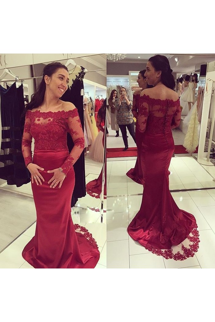 Mermaid Long Sleeves Lace Burgundy Prom Formal Evening Party Dresses 3021417
