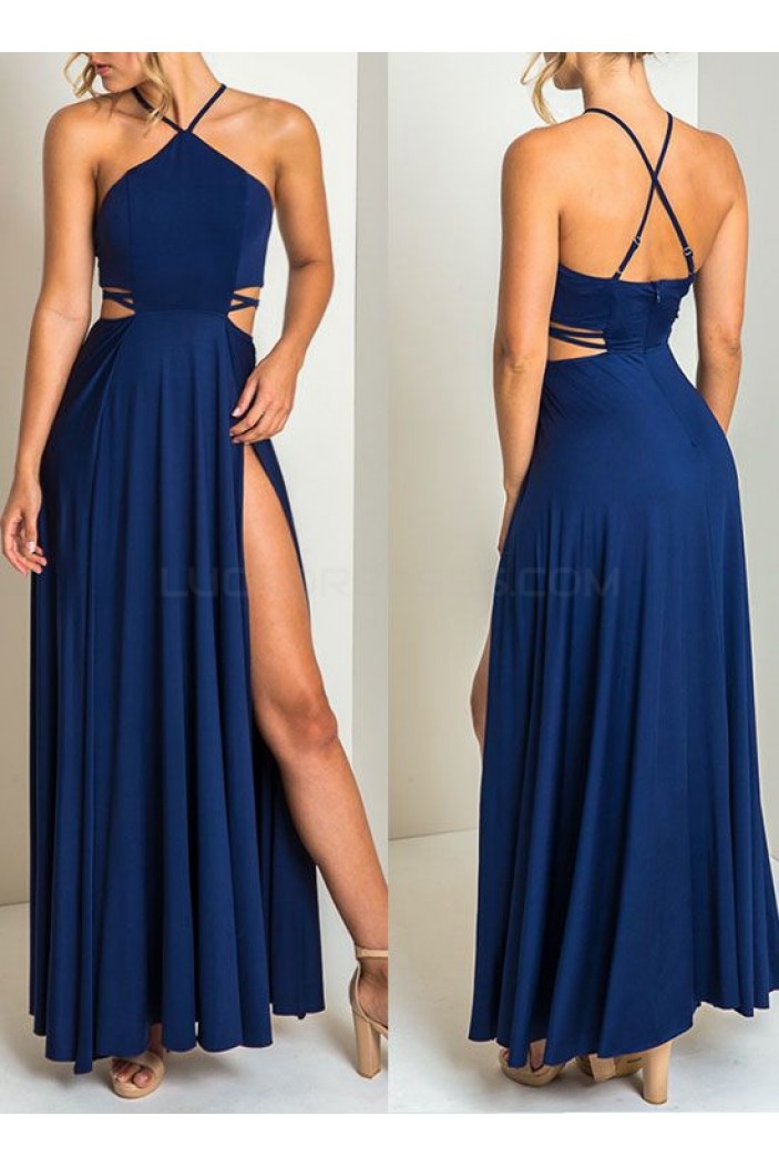 Long Blue Spaghetti Straps Chiffon Prom Formal Evening Party Dresses 3021419