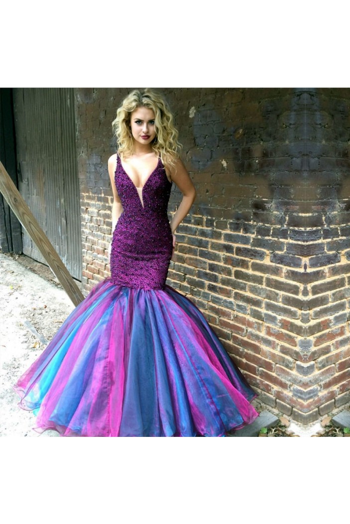 Long Purple Beaded V-Neck Prom Formal Evening Party Dresses 3021425