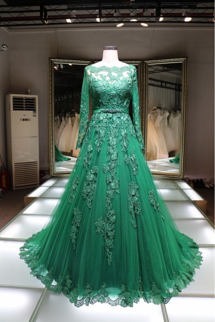 A-Line Long Sleeves Green Lace Prom Formal Evening Party Dresses 3021429