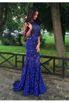 Long Blue Beaded Lace Prom Formal Evening Party Dresses 3021454