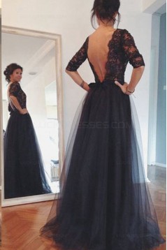 3/4 Length Sleeves Lace Top Long Black Mother of The Bride Prom Evening Formal Dresses 3020147