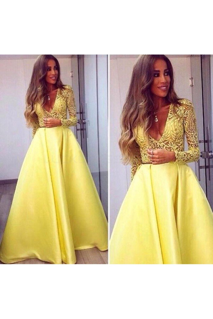 Long Yellow V-Neck Prom Formal Evening Party Dresses 3021490