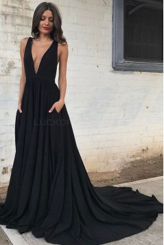 Long Black V-Neck Prom Formal Evening Party Dresses 3021501