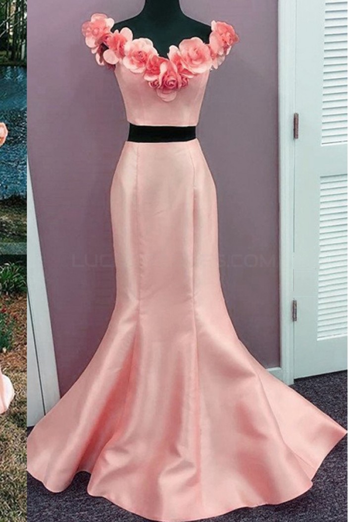 Mermaid Two Pieces Prom Formal Evening Party Dresses with Handmade Flowers 3021503