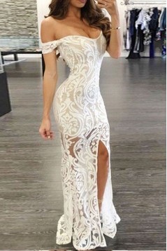 Mermaid Off-the-Shoulder Long White Lace Prom Formal Evening Party Dresses 3021505