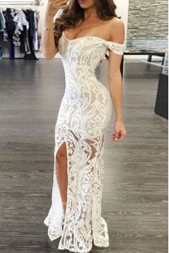 Mermaid Off-the-Shoulder Long White Lace Prom Formal Evening Party Dresses 3021505