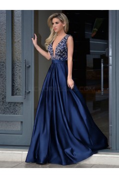 Long Blue Deep V-Neck Prom Formal Evening Party Dresses 3021521
