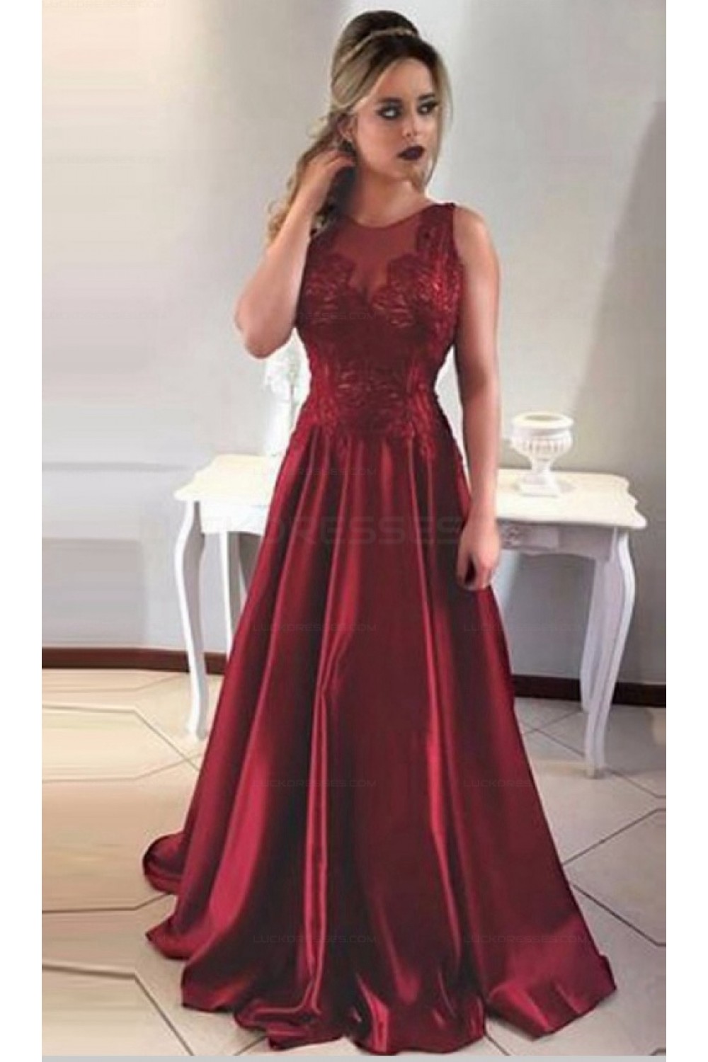 A Line Satin Lace Long Prom Evening Formal Dresses 3021549