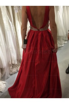 Long Red V-Neck Beaded Prom Evening Formal Dresses 3021556