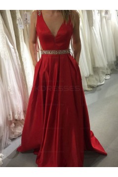 Long Red V-Neck Beaded Prom Evening Formal Dresses 3021556