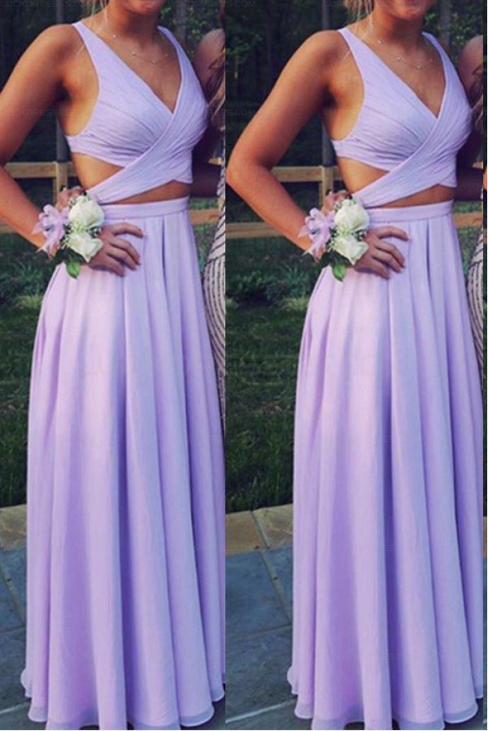 Two Pieces V-Neck Chiffon Long Prom Evening Formal Dresses 3021565
