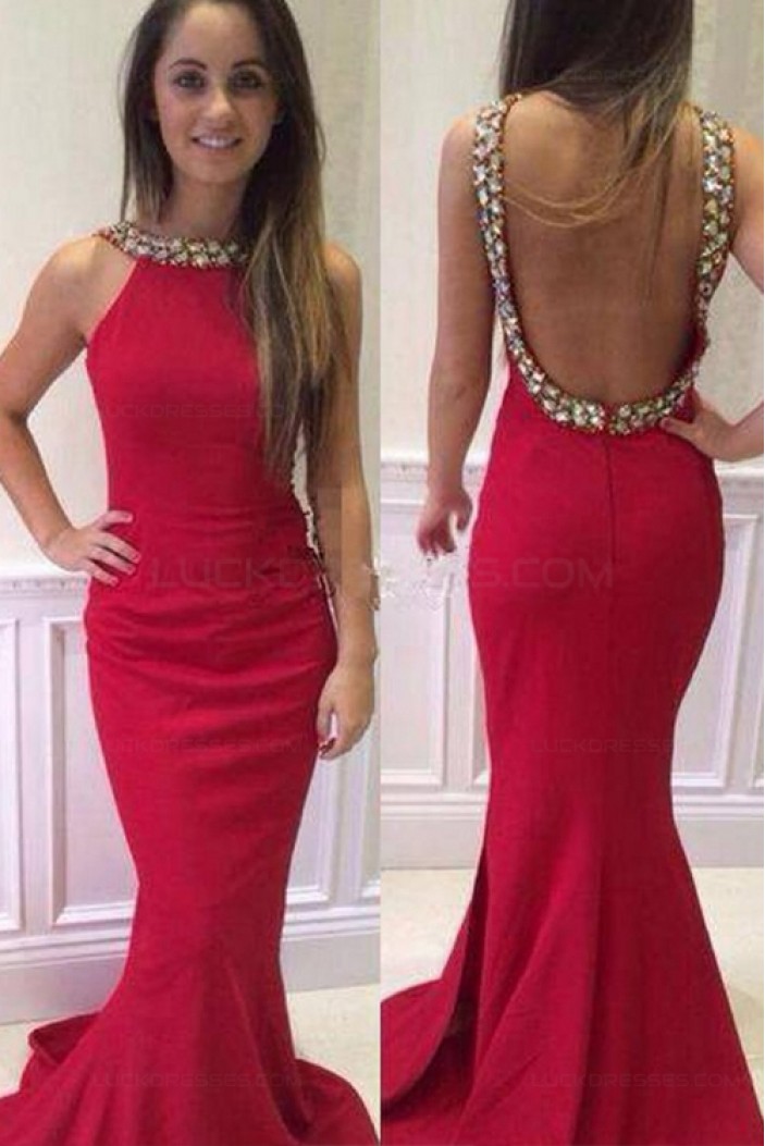 Trumpet/Mermaid Beaded Long Red Backless Prom Evening Formal Dresses 3020157