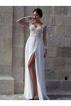 Long See Through Sleeves Lace Top Chiffon White Prom Evening Formal Dresses 3020159