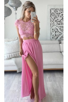 Two Pieces Lace See Through Top Chiffon Pink Prom Evening Formal Dresses 3020164