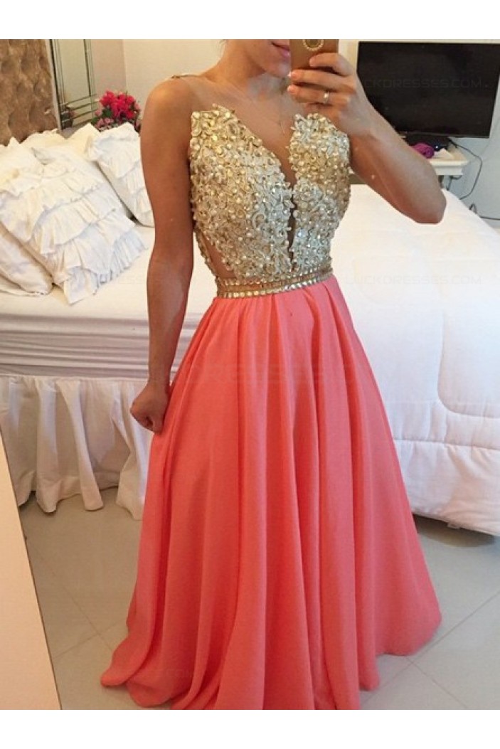 Gold Coral Long See Through Prom Evening Formal Dresses 3020167