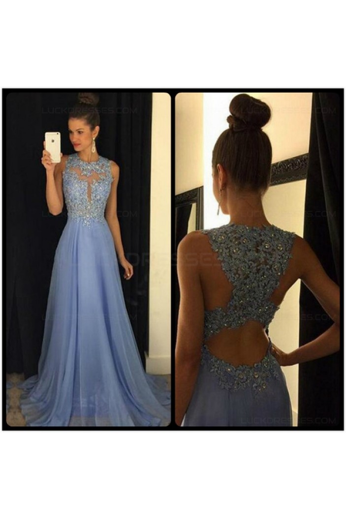 A-Line Lace Appliques Top Long Blue Prom Evening Formal Dresses 3020181