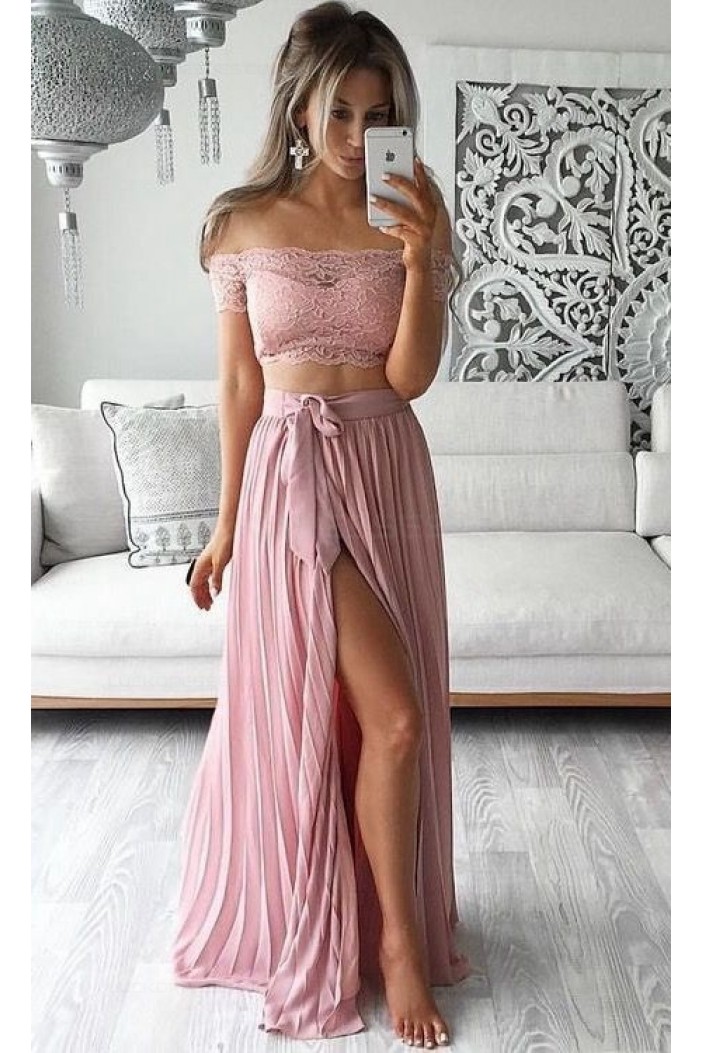 Two Piece Prom Dresses Lace Top Off-the-Shoulder Short Sleeves Thigh-High Slit Sexy Evening Gowns 3020192