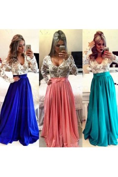 Royal Blue White Long Sleeves Prom Dresses Evening Gowns 3020203