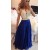 A-Line Short Sleeves Lace Chiffon Royal Blue White Long Prom Dresses Evening Gowns 3020206