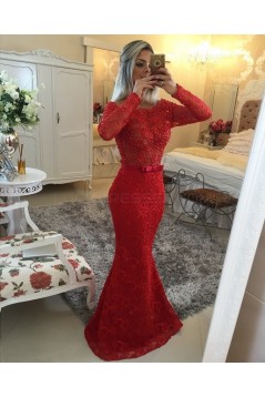 Red Long Sleeves Lace Mermaid Prom Dresses Evening Gowns 3020207