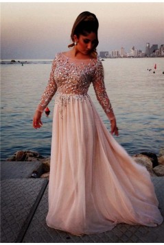 Beaded Long Sleeves Chiffon Prom Dresses Evening Gowns 3020210