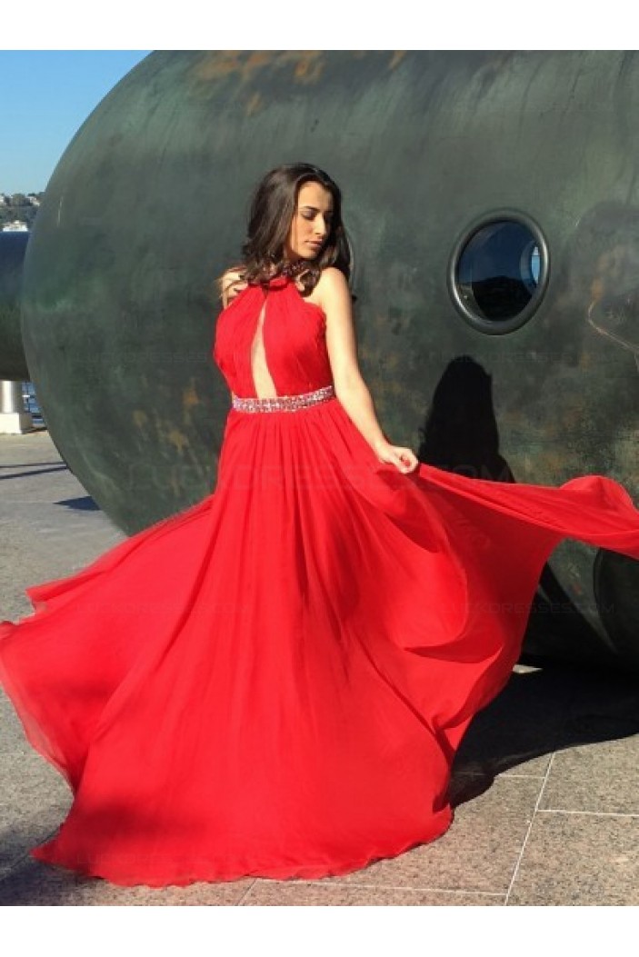 Beaded Red Long Chiffon Prom Dresses Evening Gowns 3020212