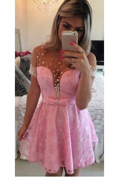 Short Sleeves See Through Pink Sexy Homecoming Prom Dresses Evening Gowns 3020219