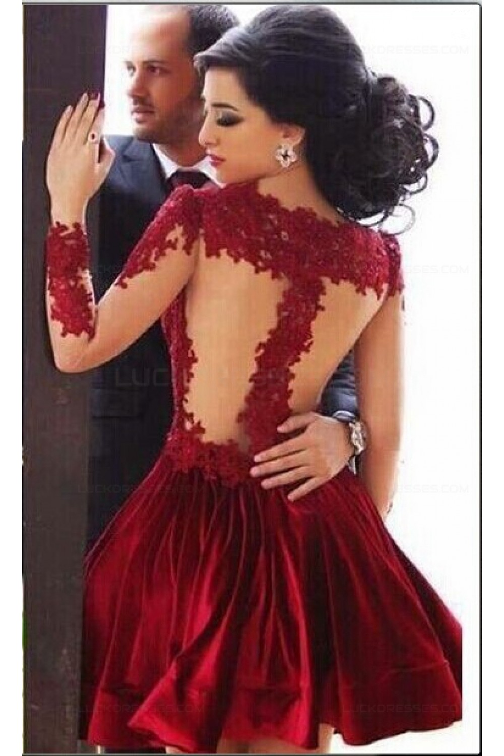Short Red Homecoming Dresses High Neck Long Sleeves Sheer Lace ...