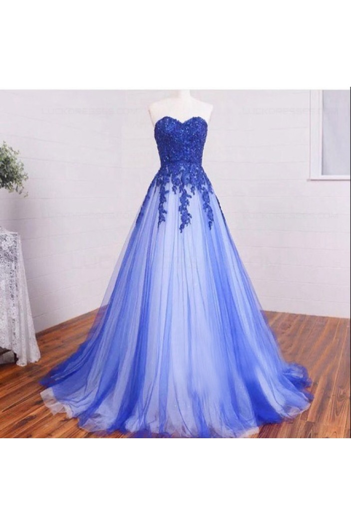 A-Line Sweetheart Lace Appliques Long Blue White Prom Dresses Evening