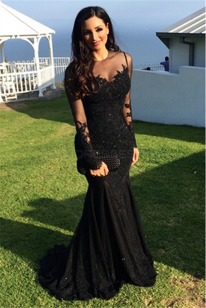 Long Black Mermaid Illusion Neckline Lace Long Sleeves Prom Dresses Party Evening Gowns 3020247