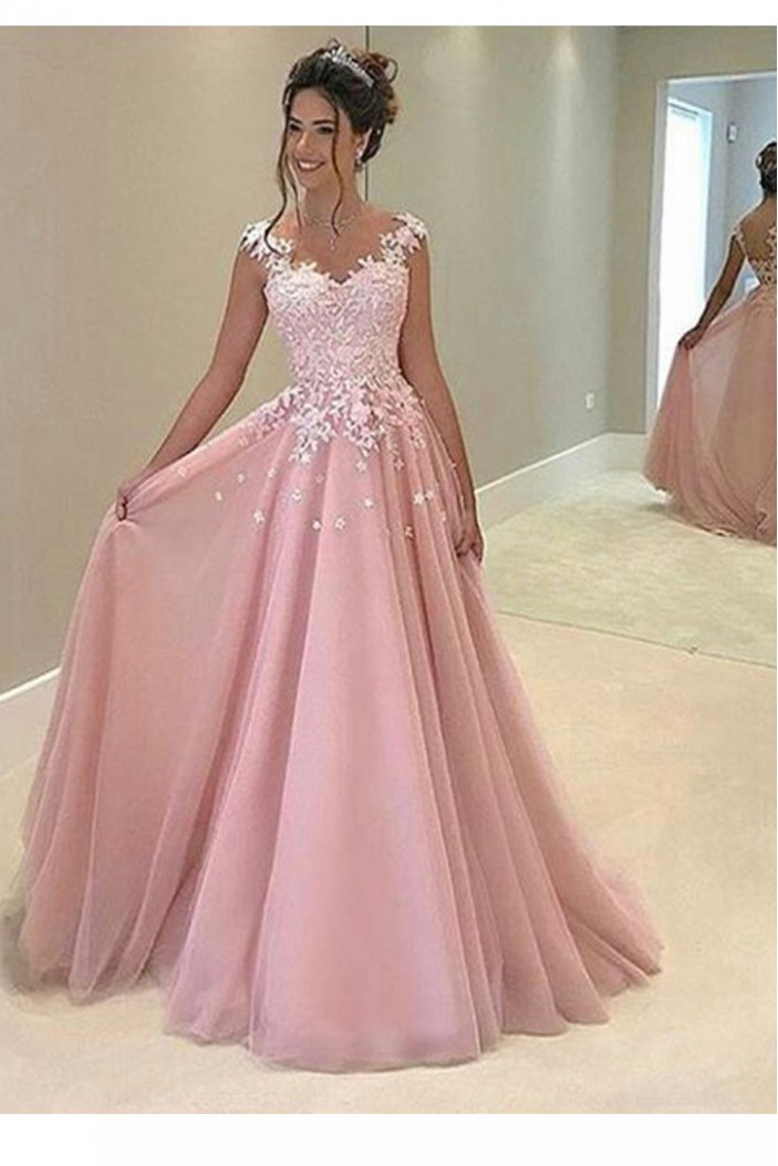 A-Line Long Pink Lace Prom Dresses Party Evening Gowns 3020248