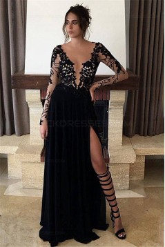 Long Black Lace Chiffon Prom Dresses Party Evening Gowns 3020257