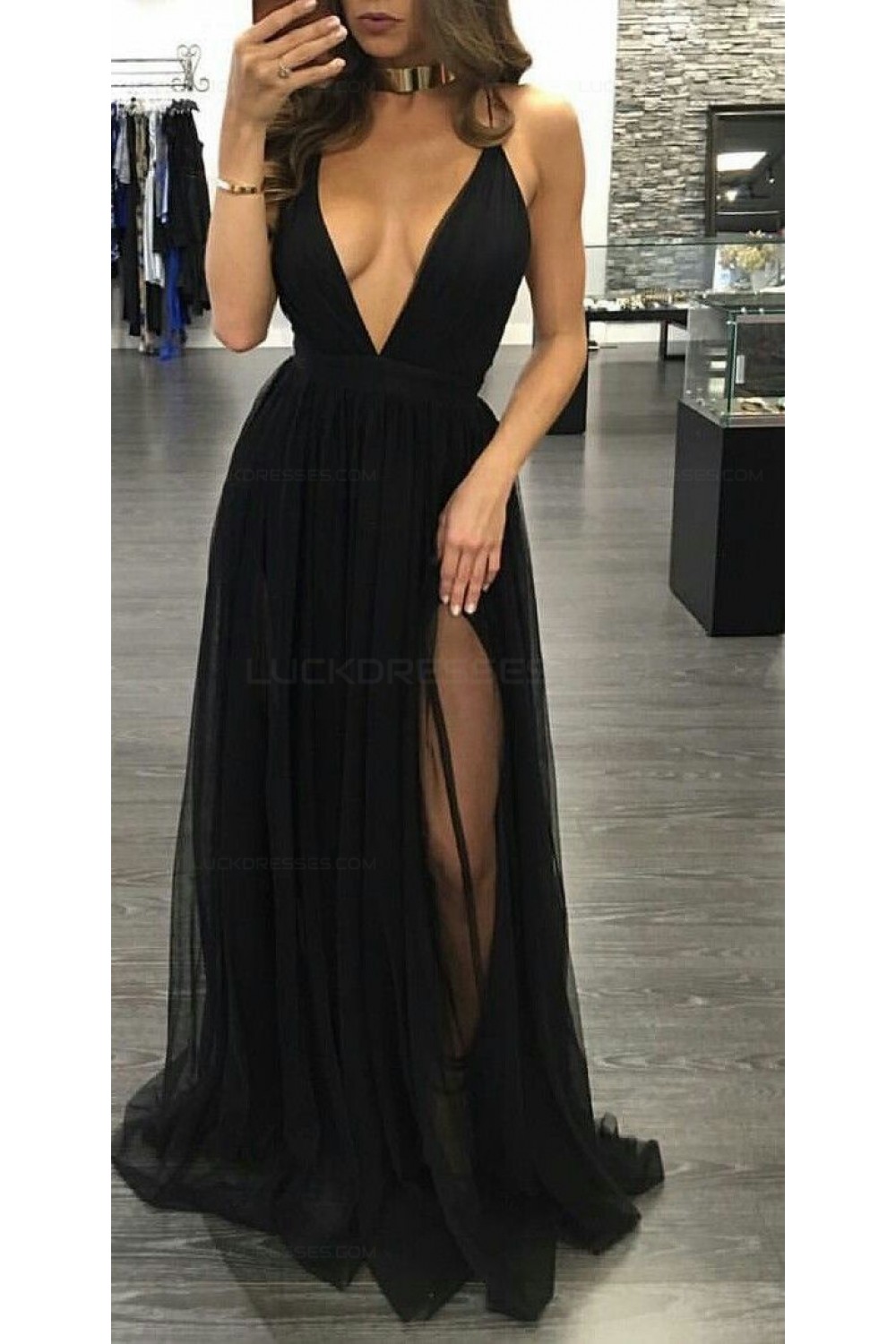 black v neck evening dress
