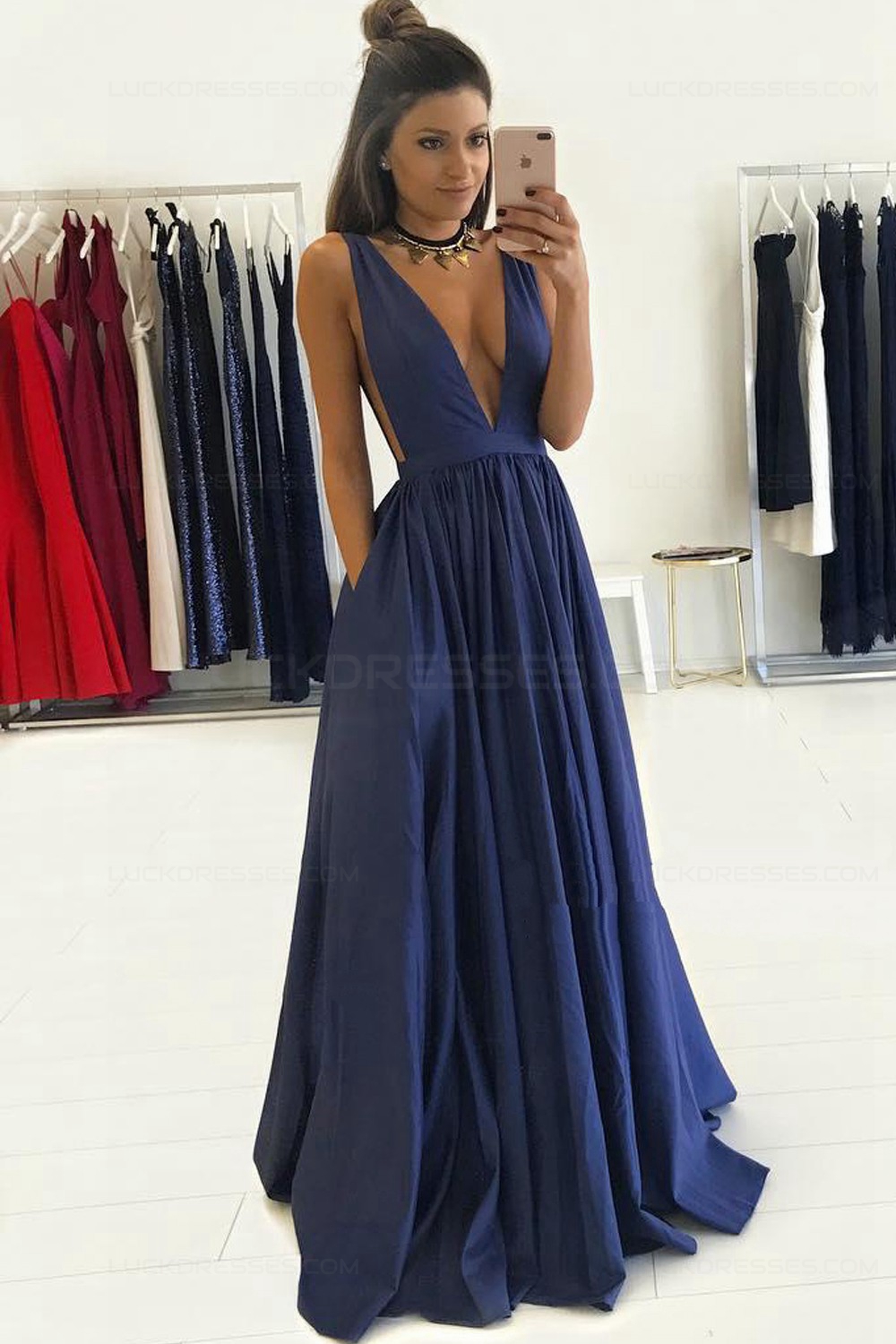 v neck evening gown