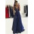 Long Blue Low V-Neck Prom Dresses Party Evening Gowns 3020274