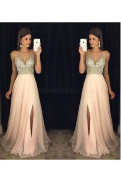 A-Line V-Neck Beaded Sequins Long Chiffon Prom Dresses Party Evening Gowns 3020276