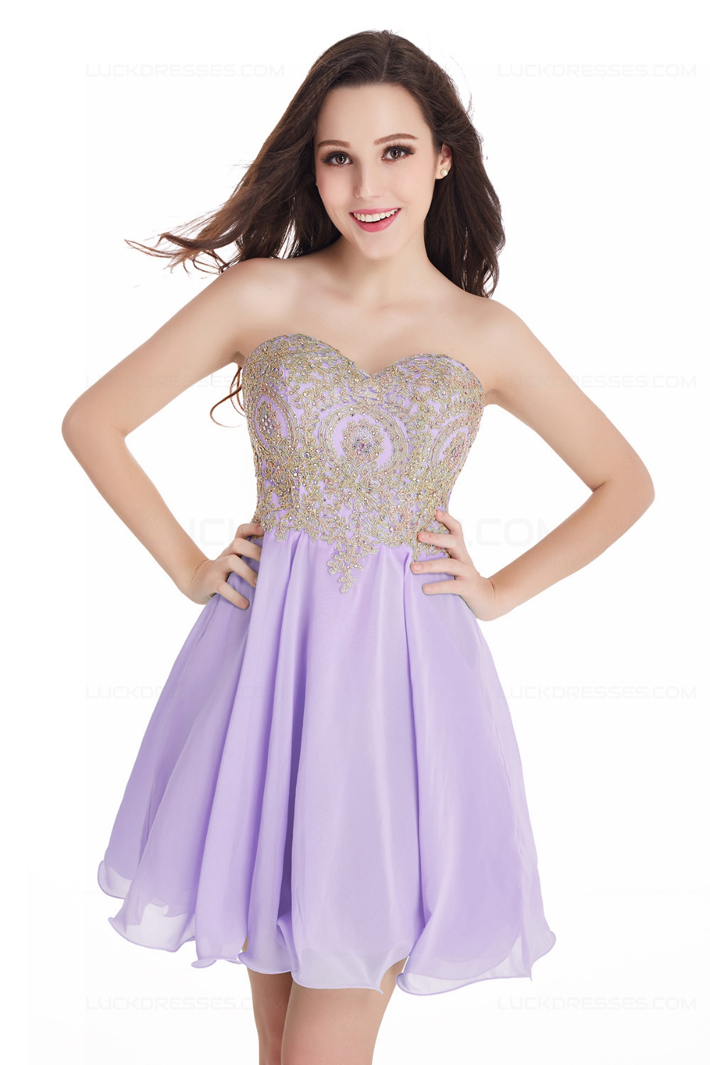 A-Line Sweetheart Gold Lace Appliques Short Purple Prom Dresses Party ...