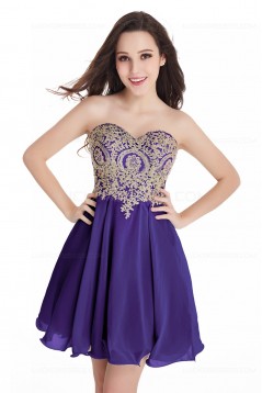 A-Line Sweetheart Gold Lace Appliques Short Purple Prom Dresses Party Evening Gowns 3020285