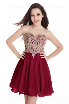 A-Line Sweetheart Gold Lace Appliques Short Purple Prom Dresses Party Evening Gowns 3020285