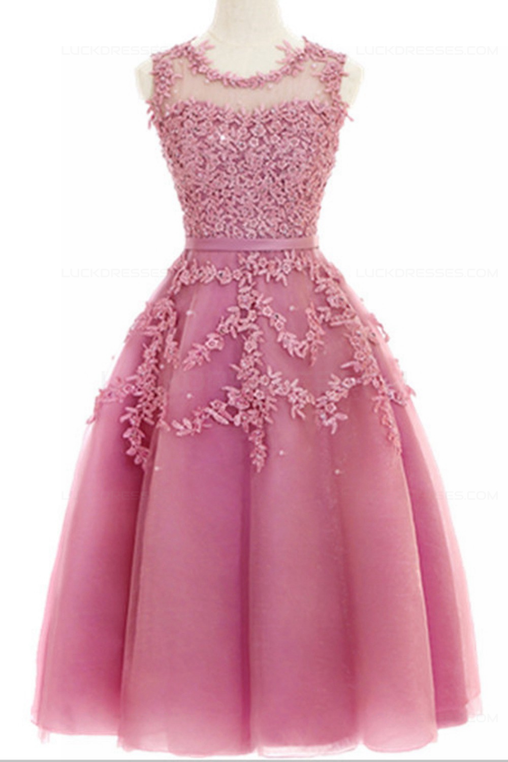 A-Line Illusion Neckline Lace Short Prom Dresses Party Evening Gowns ...