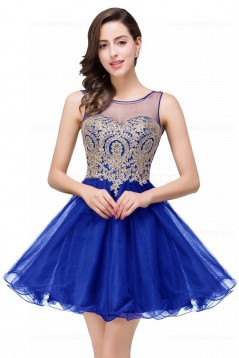 A-Line Illusion Neckline Gold Lace Appliques Short Prom Dresses Party Evening Gowns 3020290