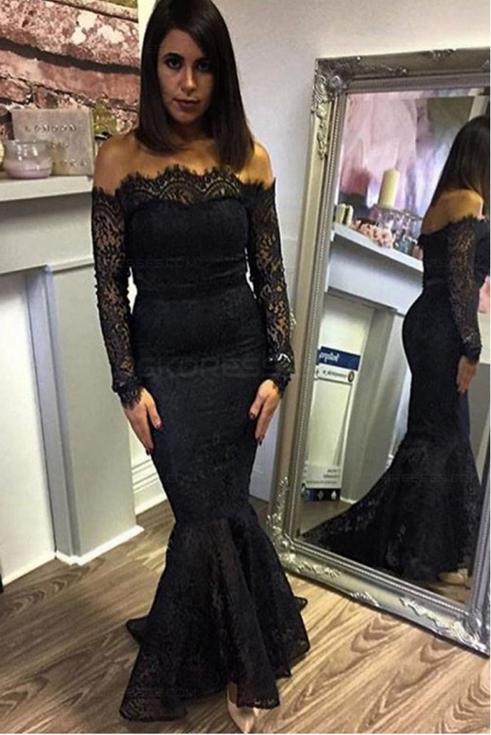 Mermaid Off-the-Shoulder Long Sleeve Black Lace Prom Dresses Party Evening Gowns 3020297